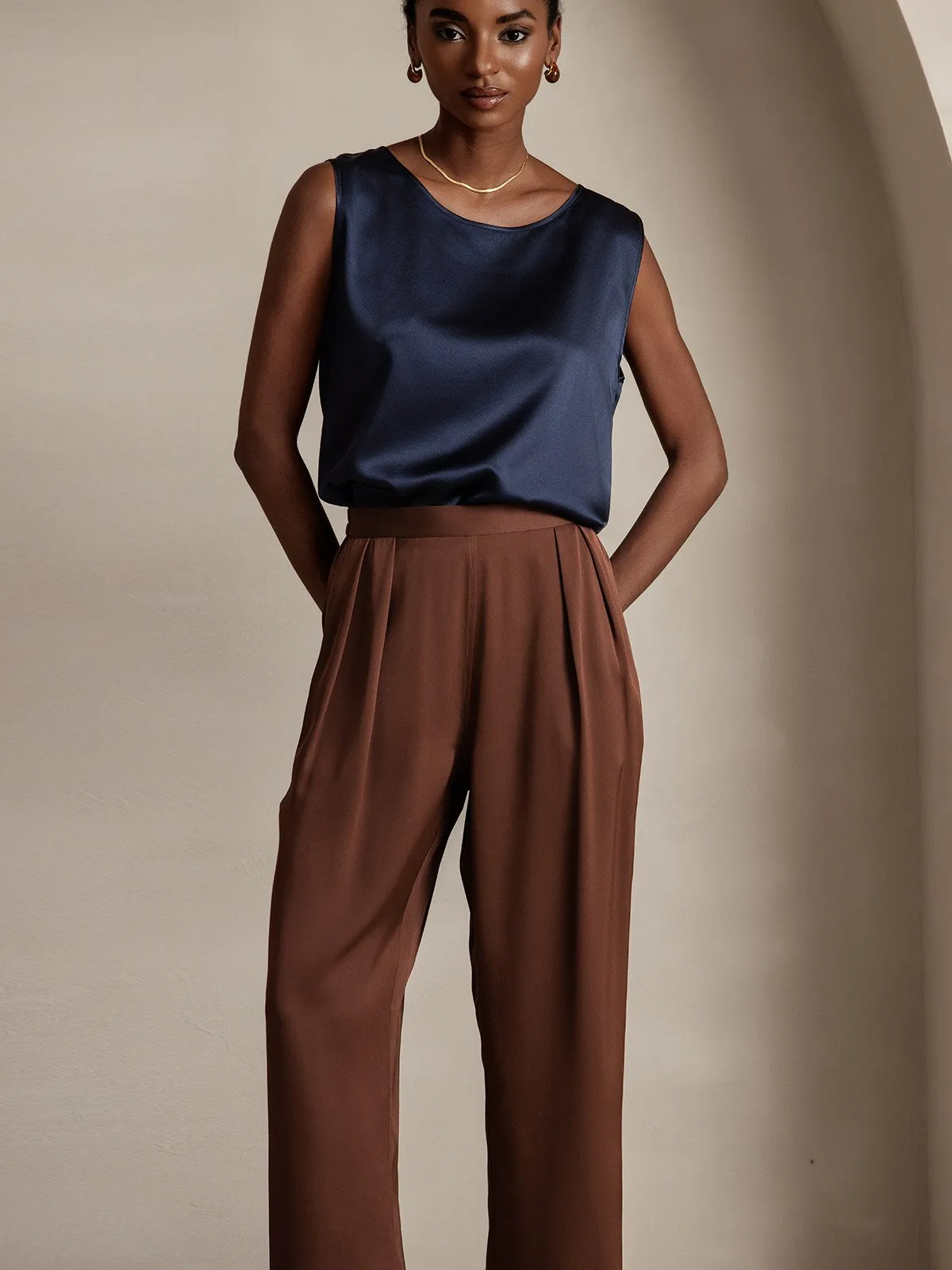 22Momme Timeless Pleated Wide-Leg Silk Long Pants