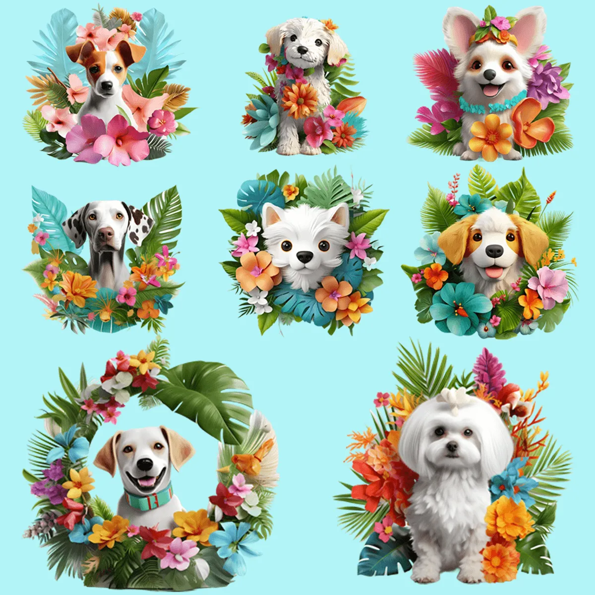 7 3D Summer Floral Dogs Designs Bundle PNG