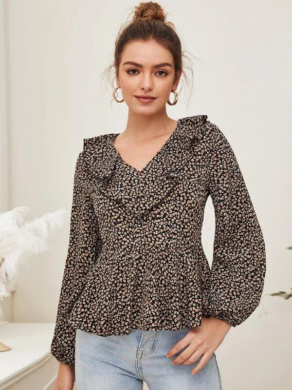 All Over Print Ruffle Trim Blouse