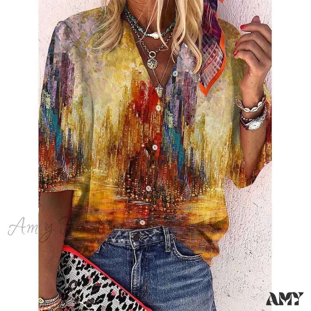 Amy Fashion - Elegant Loose Abstraction Print Shirt