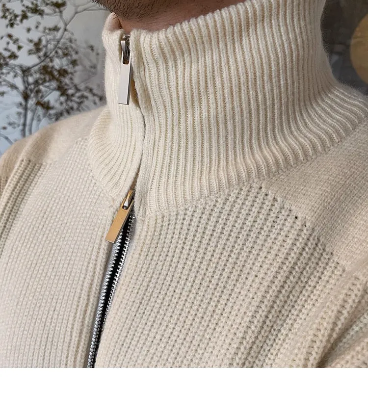 Bonsir Sweater Cardigan Men Autumn Knitting Pocket Sweaters Winter Warm Coat Men Solid Color Zipper Top Cardigan Turtleneck Sweater