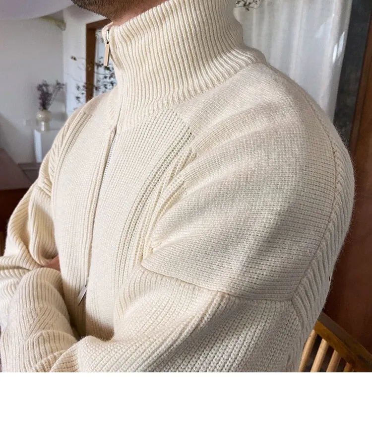 Bonsir Sweater Cardigan Men Autumn Knitting Pocket Sweaters Winter Warm Coat Men Solid Color Zipper Top Cardigan Turtleneck Sweater