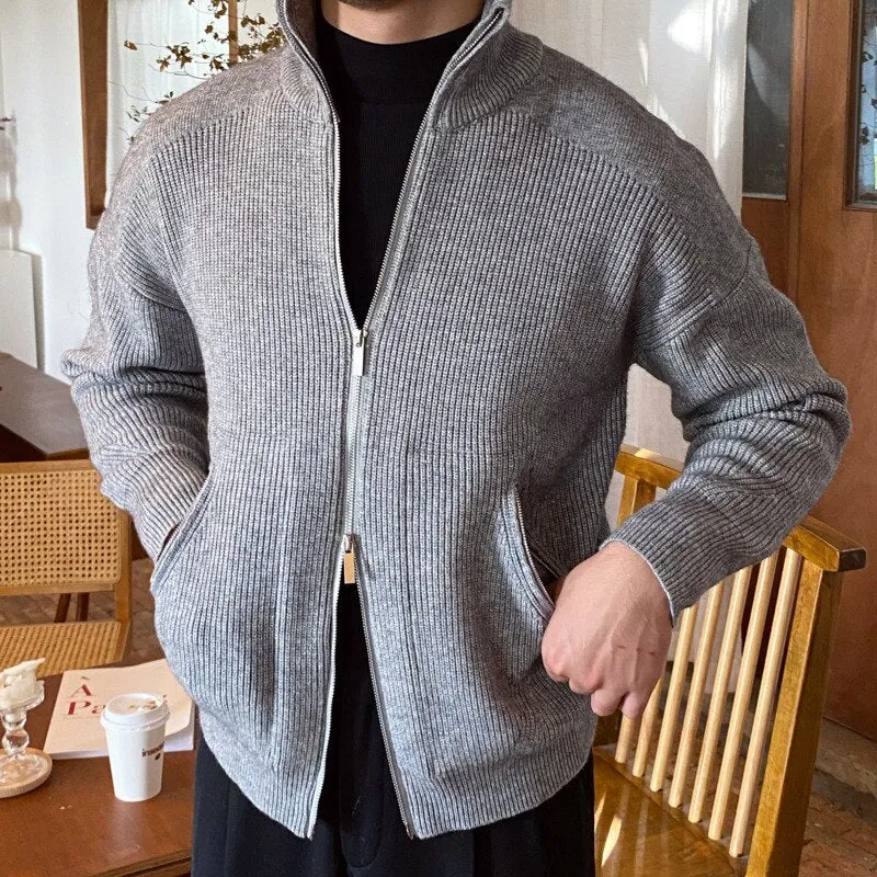 Bonsir Sweater Cardigan Men Autumn Knitting Pocket Sweaters Winter Warm Coat Men Solid Color Zipper Top Cardigan Turtleneck Sweater