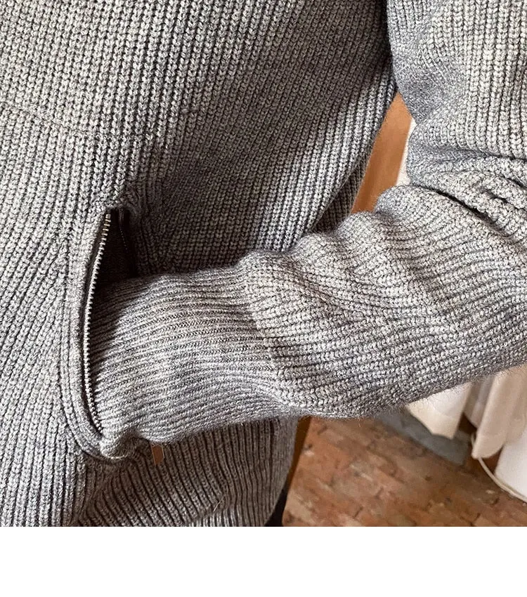 Bonsir Sweater Cardigan Men Autumn Knitting Pocket Sweaters Winter Warm Coat Men Solid Color Zipper Top Cardigan Turtleneck Sweater