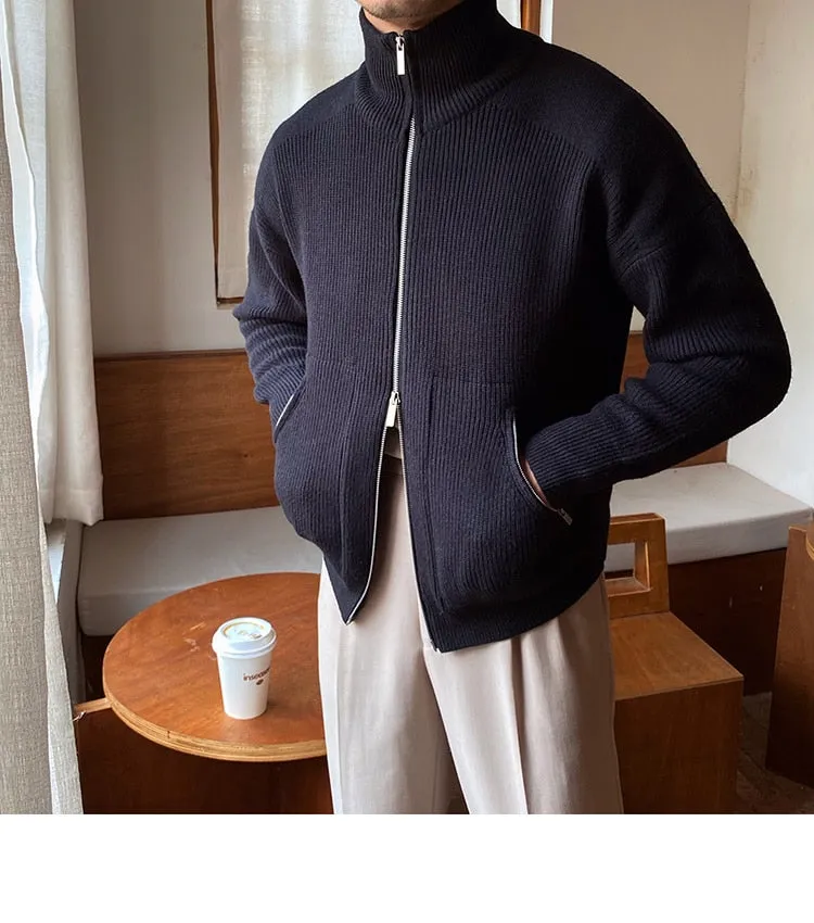 Bonsir Sweater Cardigan Men Autumn Knitting Pocket Sweaters Winter Warm Coat Men Solid Color Zipper Top Cardigan Turtleneck Sweater