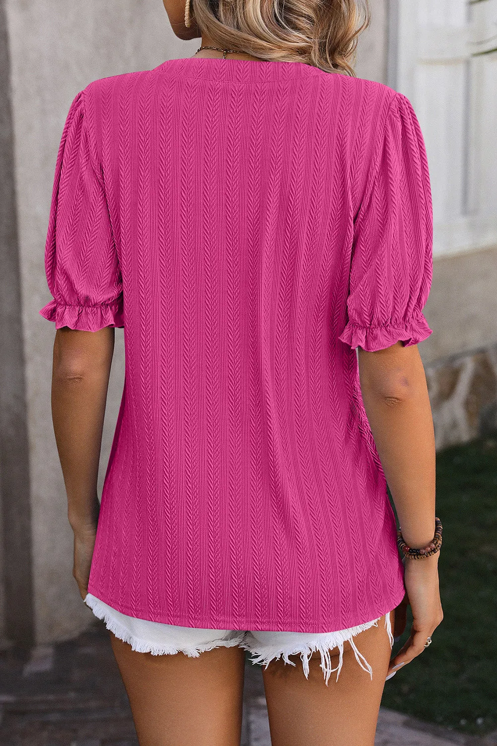 Bright Pink Textured Notched Neck Frill Puff Sleeve Blouse