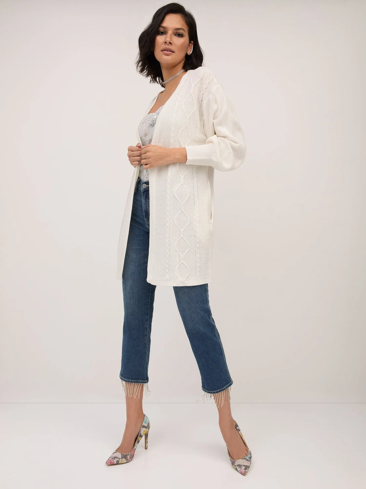 Cable-Knit Balloon-Sleeve Cardigan