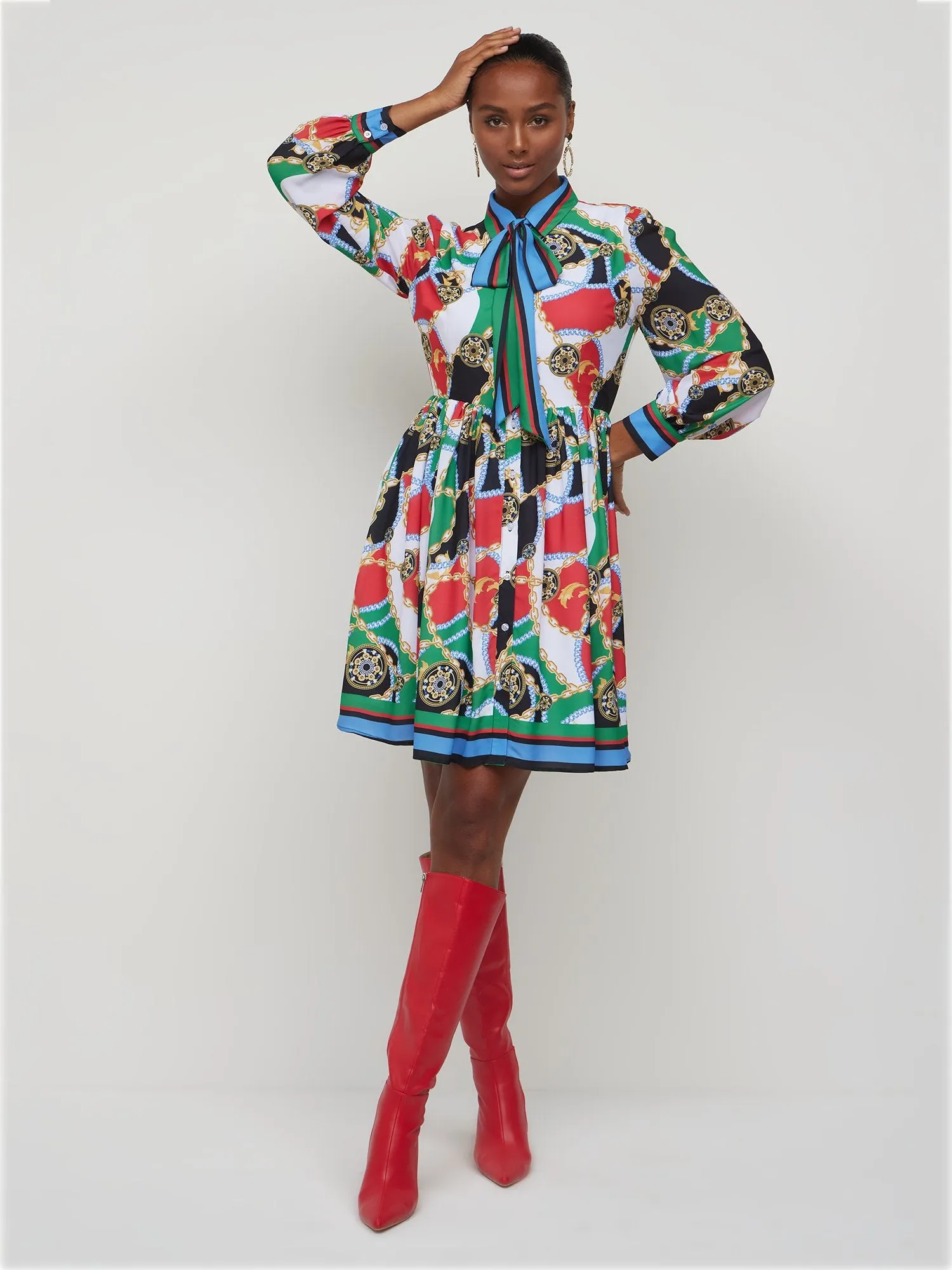 Chain-Print A-Line Shirtdress