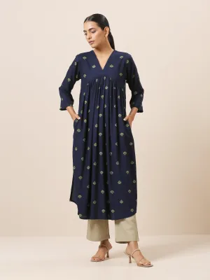 Cotton Blue Printed Slit Kurta Pant Set