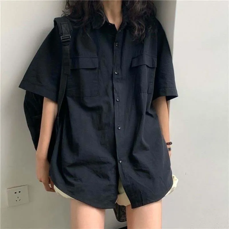 deanwangkt  Short Sleeve Shirt Women White Turn Down Collar Basic Casual Teen Gril Student Oversize Shirt Women Loose Blouse