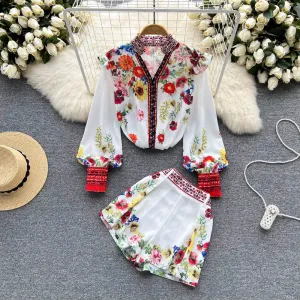 deanwangkt Women Shorts Sets Runway V-Neck Lantern Sleeve Floral Print Blouse Shirts and Belt Pockets Short Pants 2 Pieces Outfits S2169