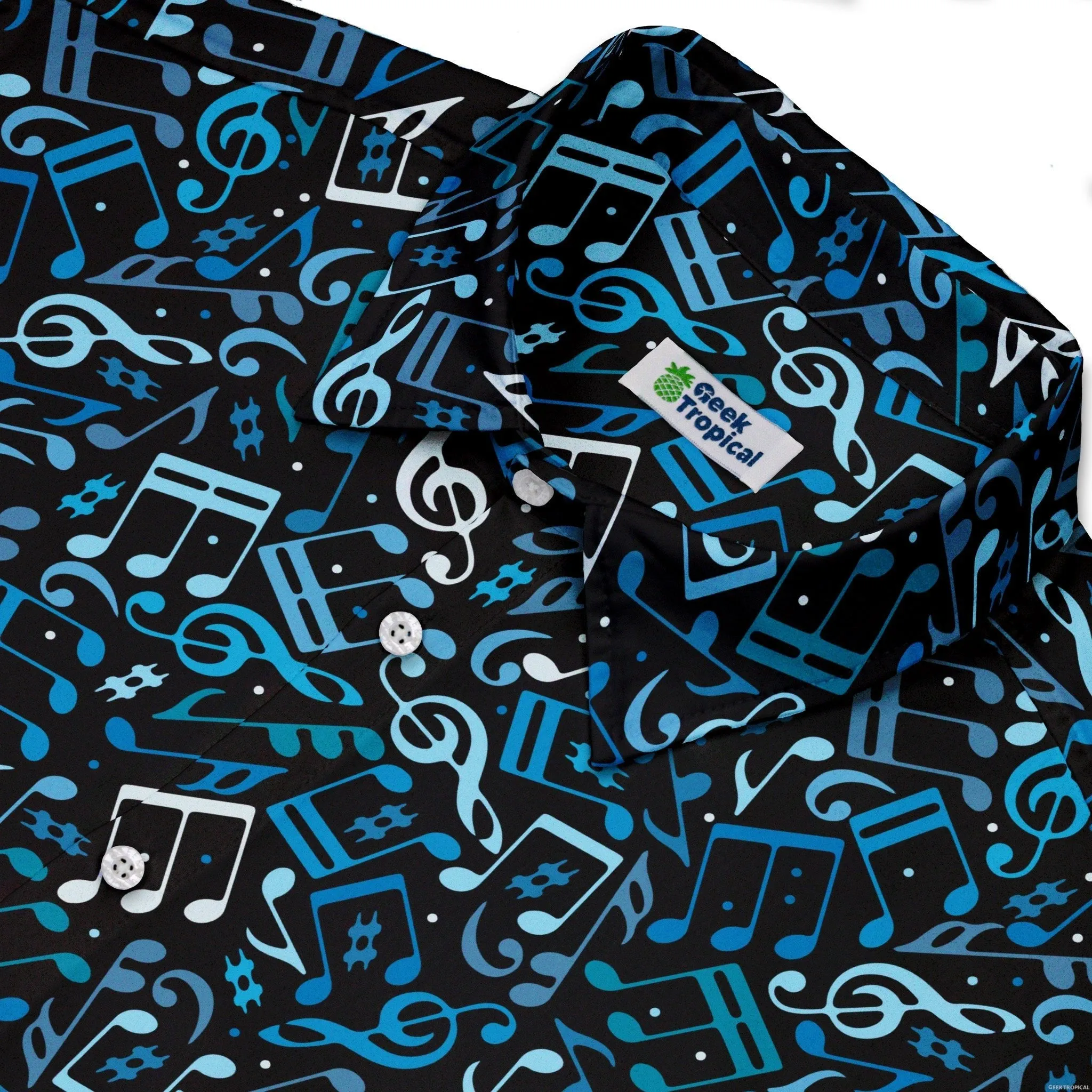 Dotted Blue Musical Notes Black Button Up Shirt