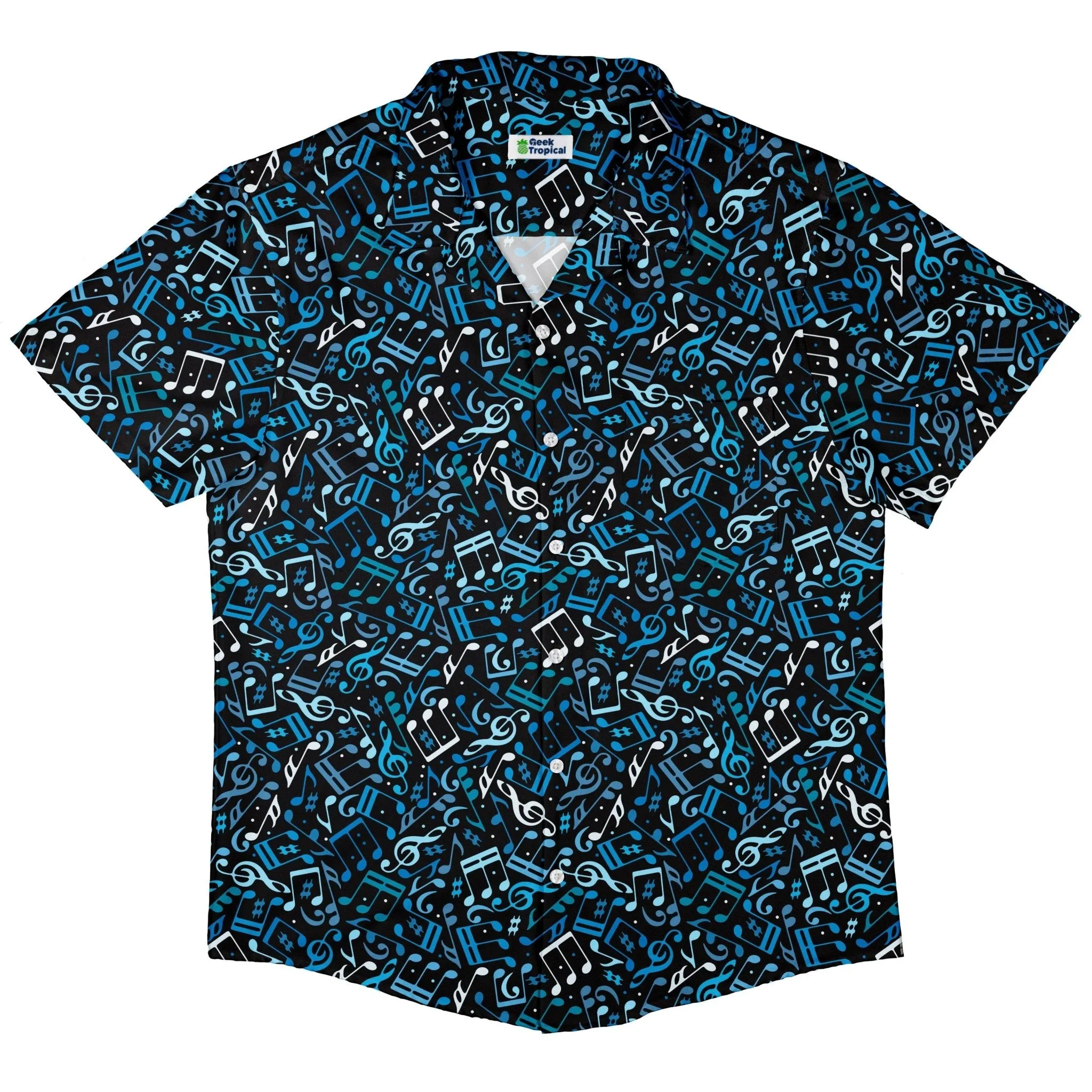 Dotted Blue Musical Notes Black Button Up Shirt