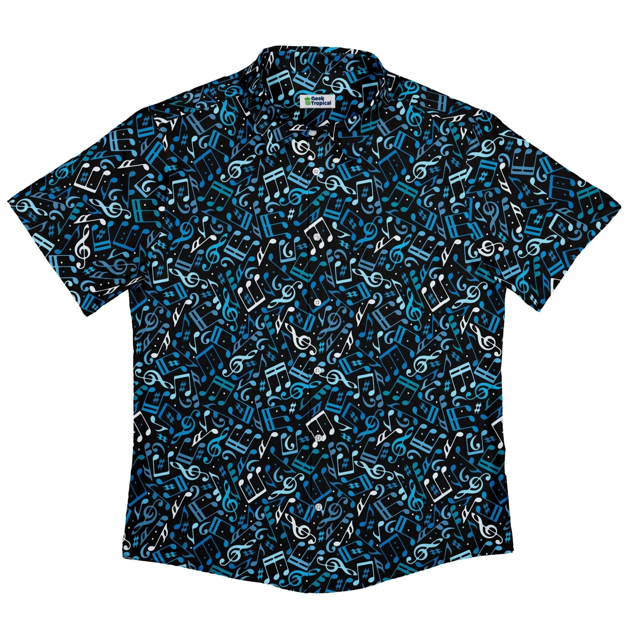 Dotted Blue Musical Notes Black Button Up Shirt