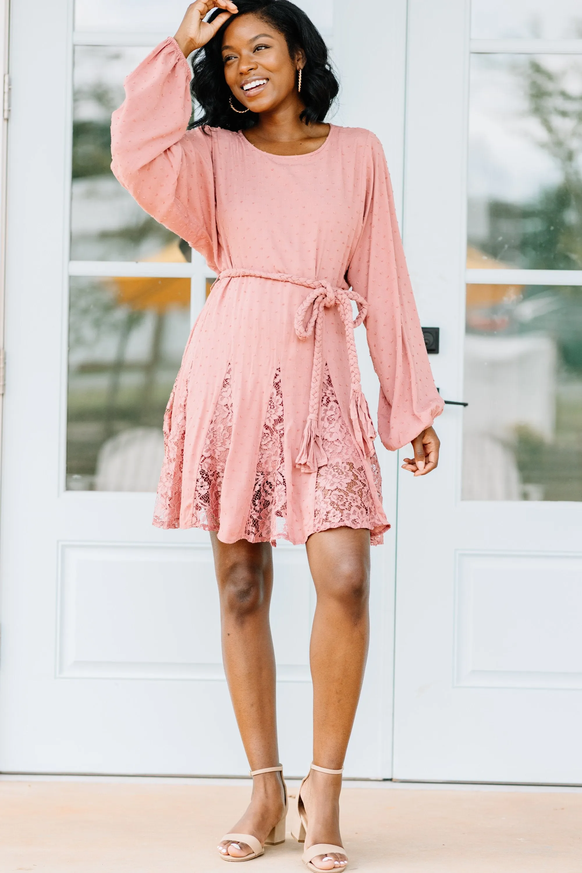 Feel The Joy Dusty Pink Swiss Dot Dress