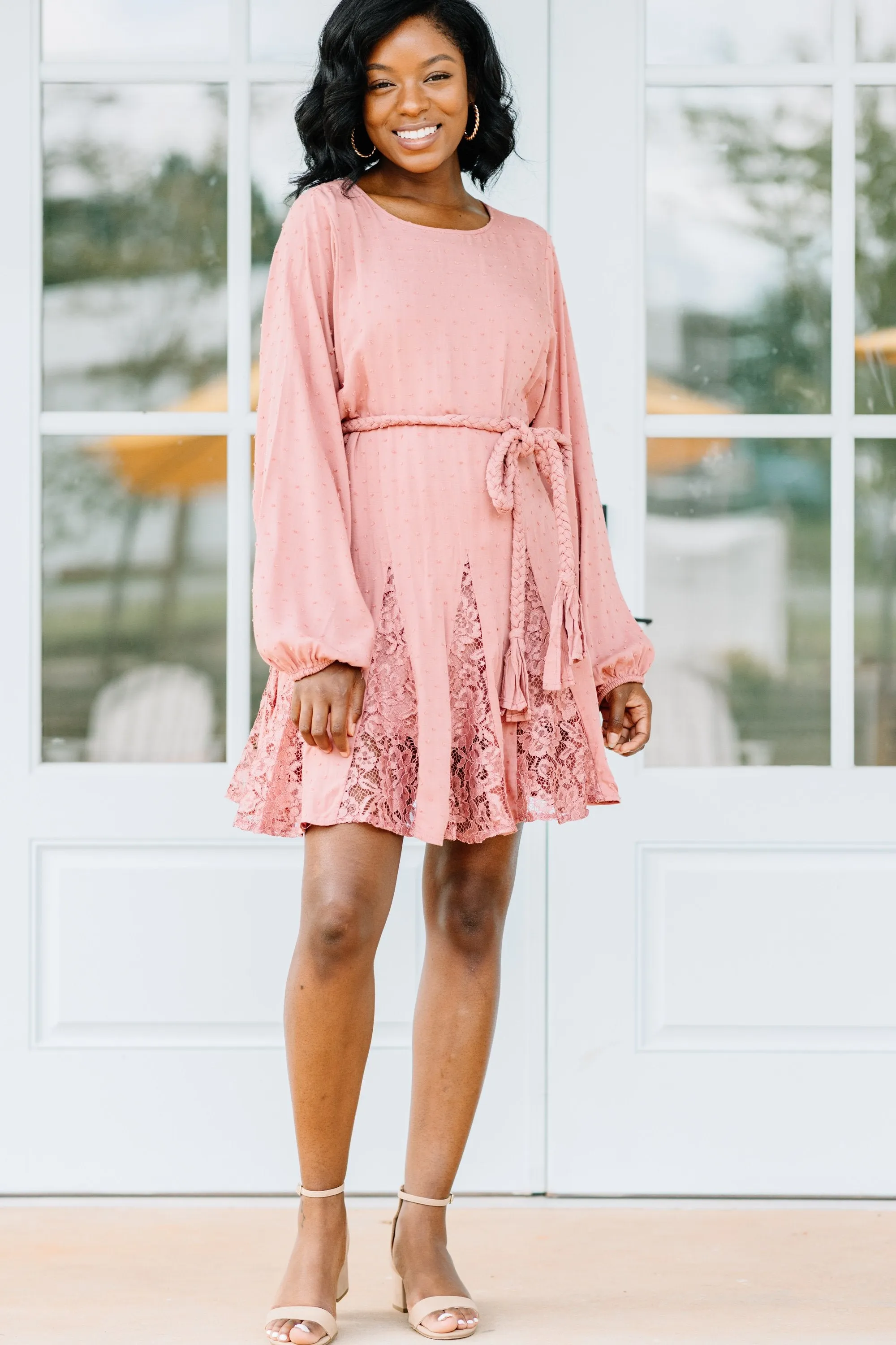 Feel The Joy Dusty Pink Swiss Dot Dress