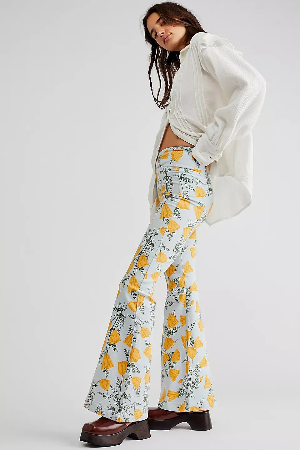 Free People Venice Beach Printed Flare Jeans in Sky Combo Cali Poppies