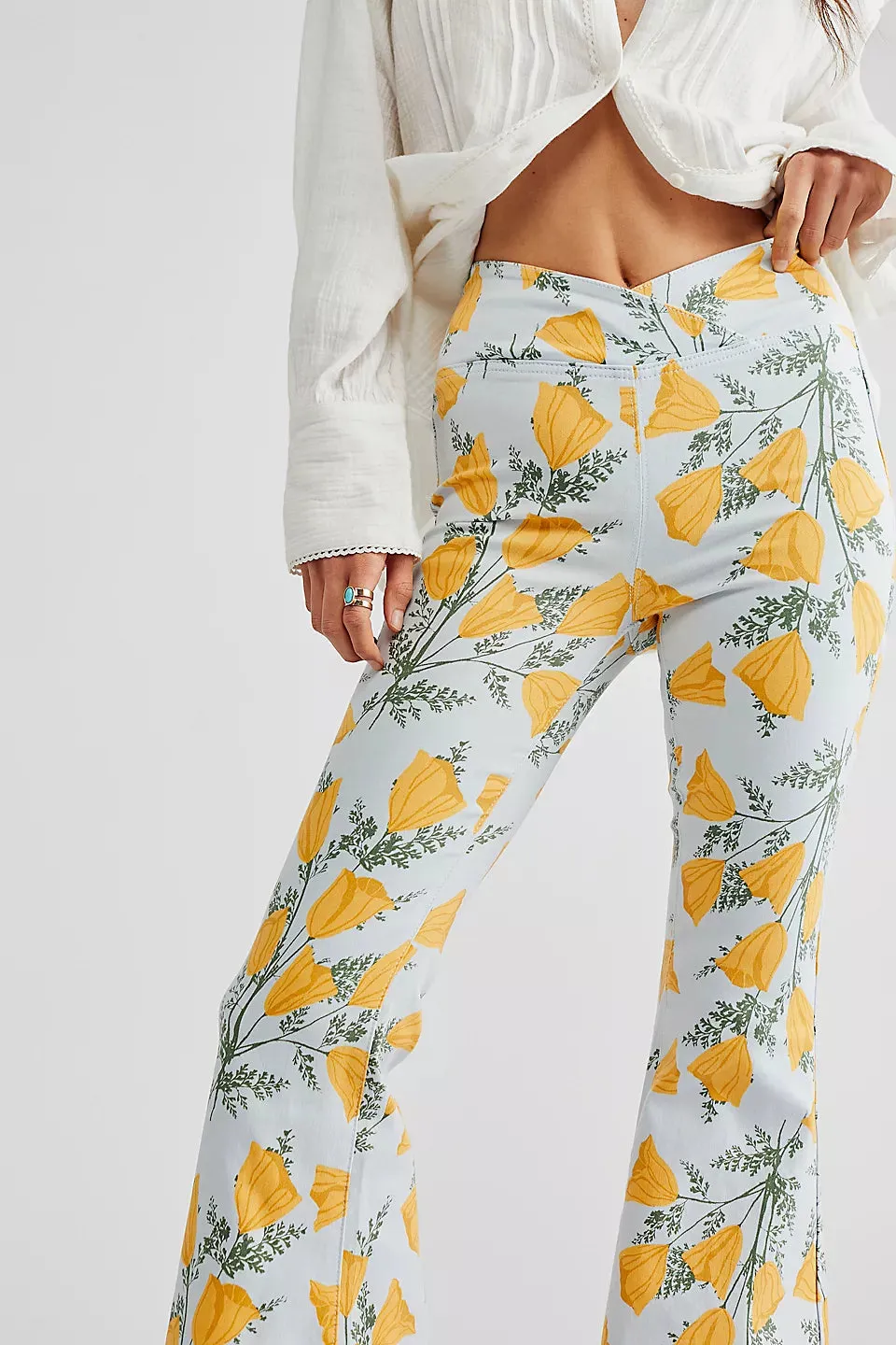 Free People Venice Beach Printed Flare Jeans in Sky Combo Cali Poppies