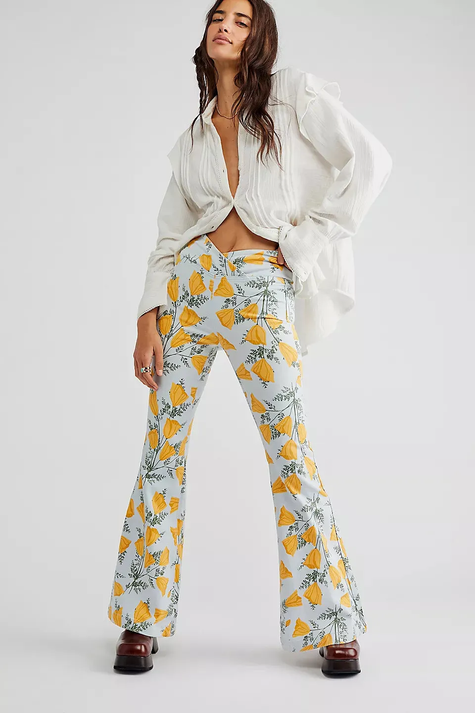 Free People Venice Beach Printed Flare Jeans in Sky Combo Cali Poppies