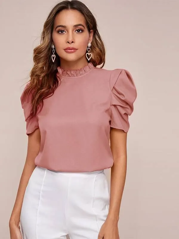 Frill Neck Puff Sleeve Top