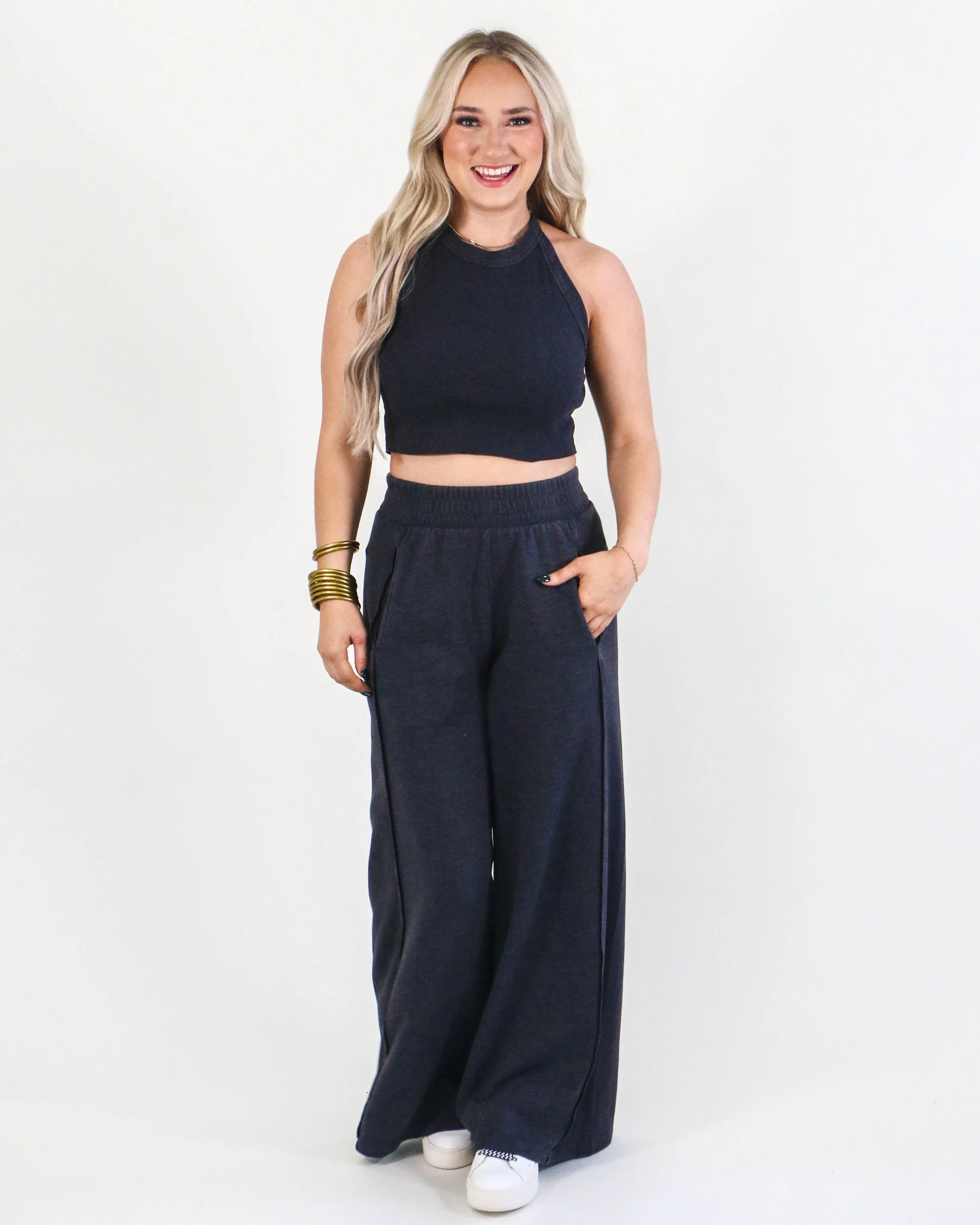 Halter Neck Crop Top and Pants Set in Charcoal