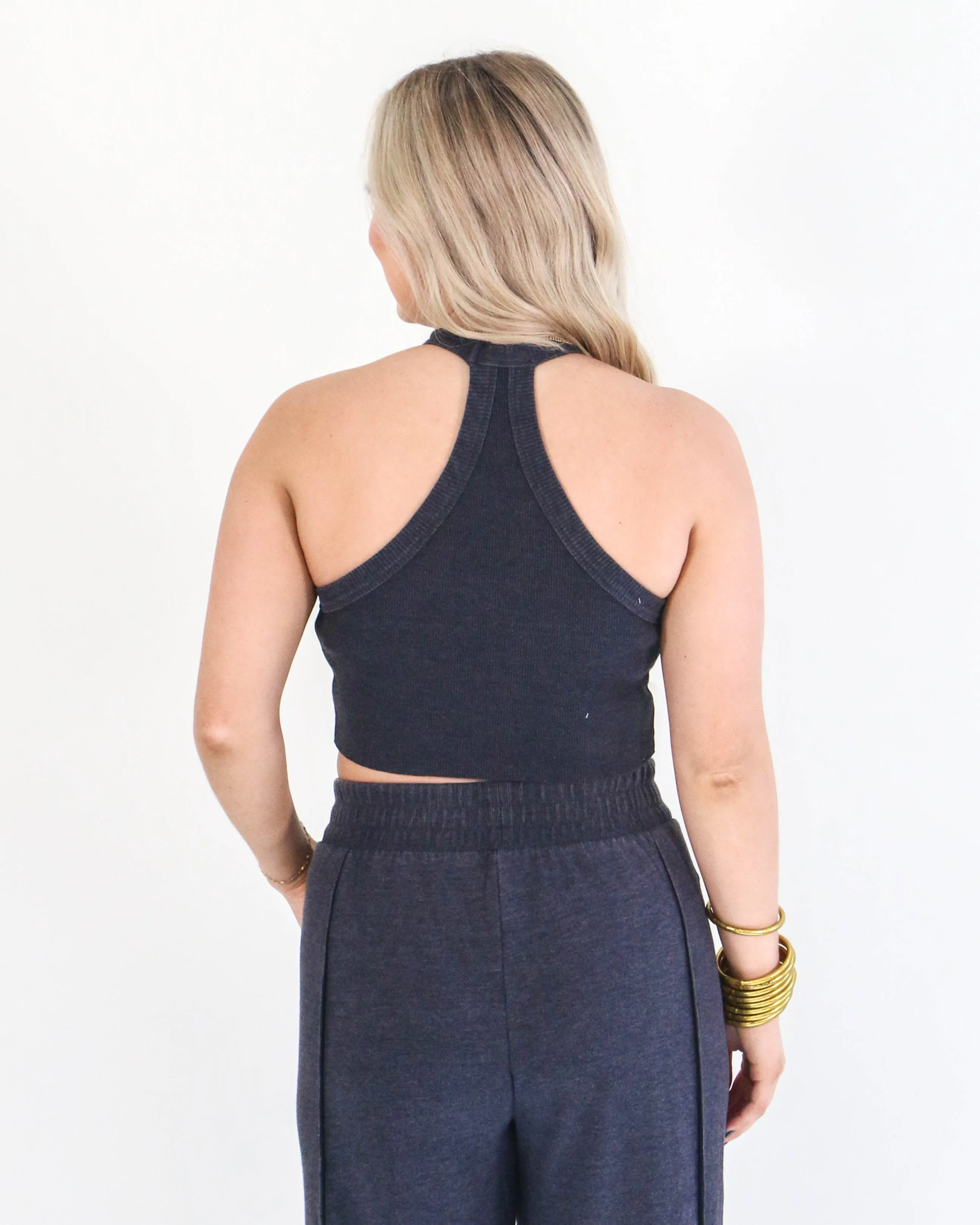 Halter Neck Crop Top and Pants Set in Charcoal