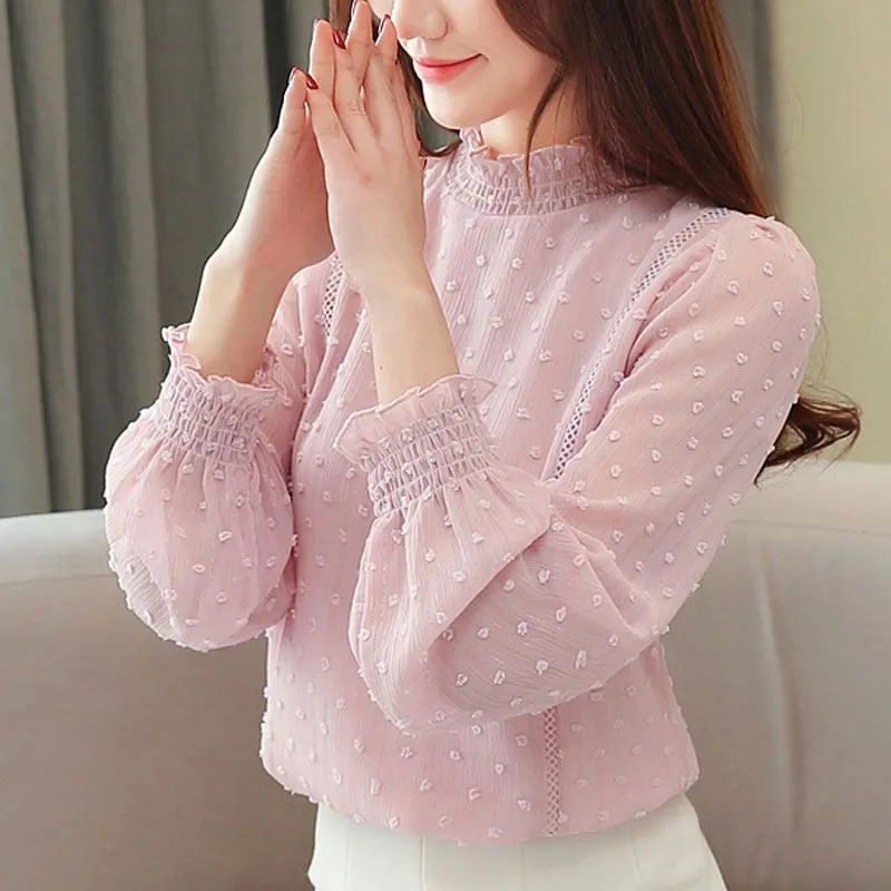 Joskaa Christmas Gift New 2024 Fashion Women Chiffon Blouses Long Sleeve Casual Women Tops Embroidery Elegant Stand Collar Women Clothing 5401 50