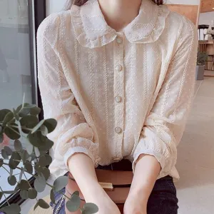 Joskaa Christmas Gift QWEEK Chiffon Blouses Women Elegant Cottagecore Collared Shirt Button Up Tops Ladies 2024 Fashion Vintage Korean Aesthetic Chic