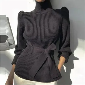 JOSKAA Women Turtleneck Pullover Sweater Korean Fashion Bandage Side Split Knitting Jumper Woman Winter Warm Long Sleeve Sweaters