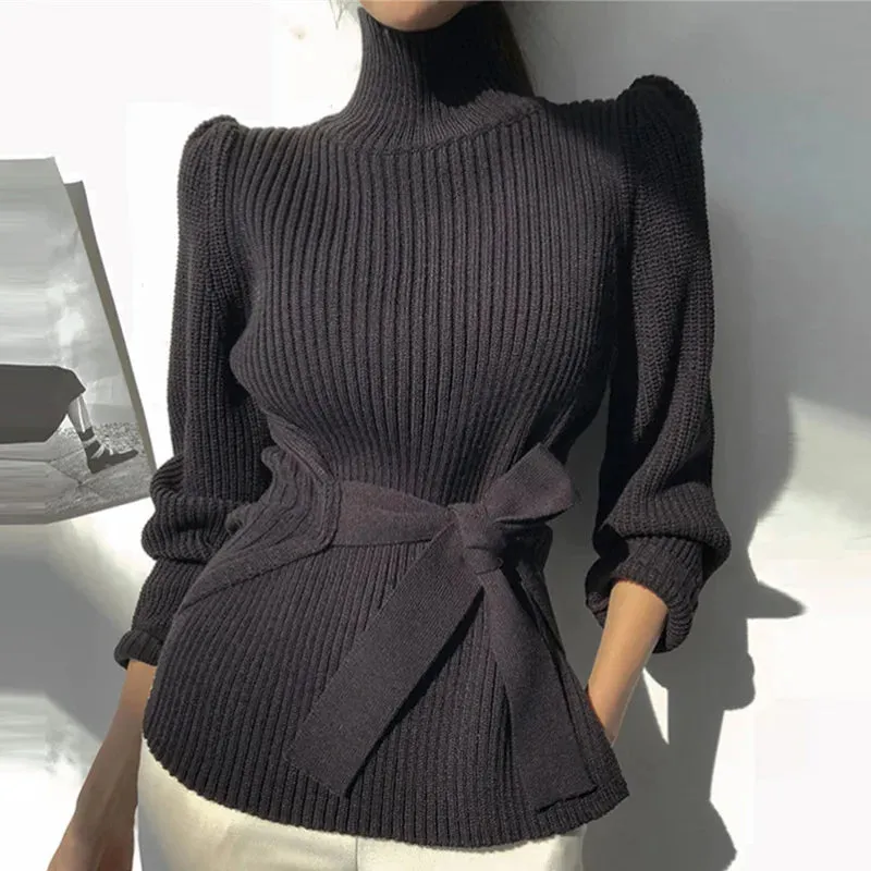 JOSKAA Women Turtleneck Pullover Sweater Korean Fashion Bandage Side Split Knitting Jumper Woman Winter Warm Long Sleeve Sweaters