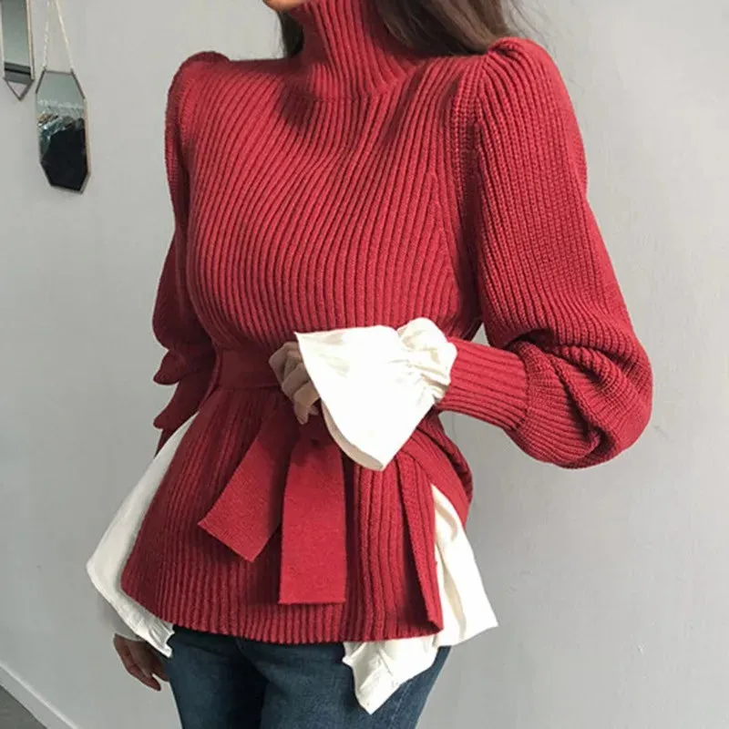 JOSKAA Women Turtleneck Pullover Sweater Korean Fashion Bandage Side Split Knitting Jumper Woman Winter Warm Long Sleeve Sweaters