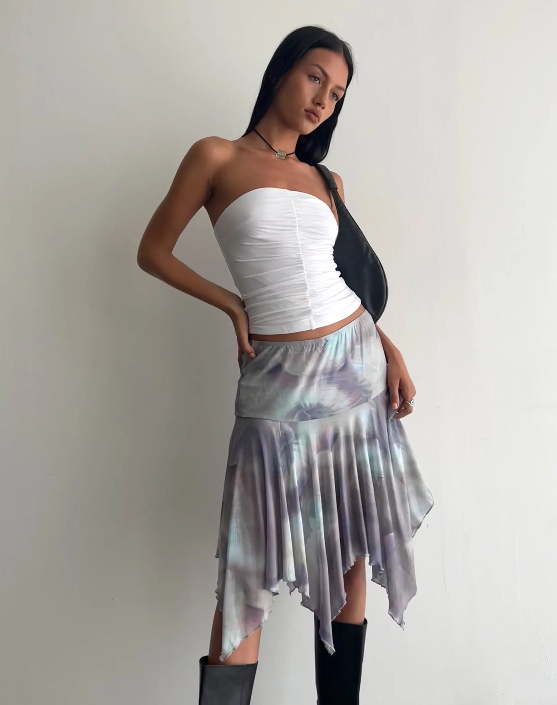 Jovali Low Waist Midi Skirt in Mesh Printed Pearly Shell