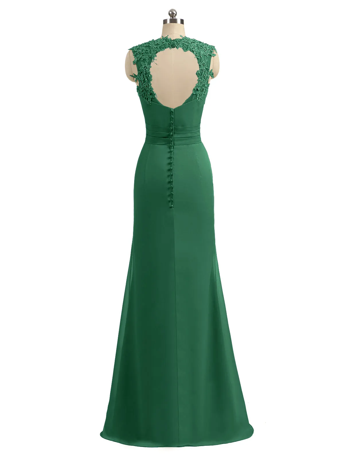 Lace Appliqued Strap Sheath Open Back Dress Dark Green