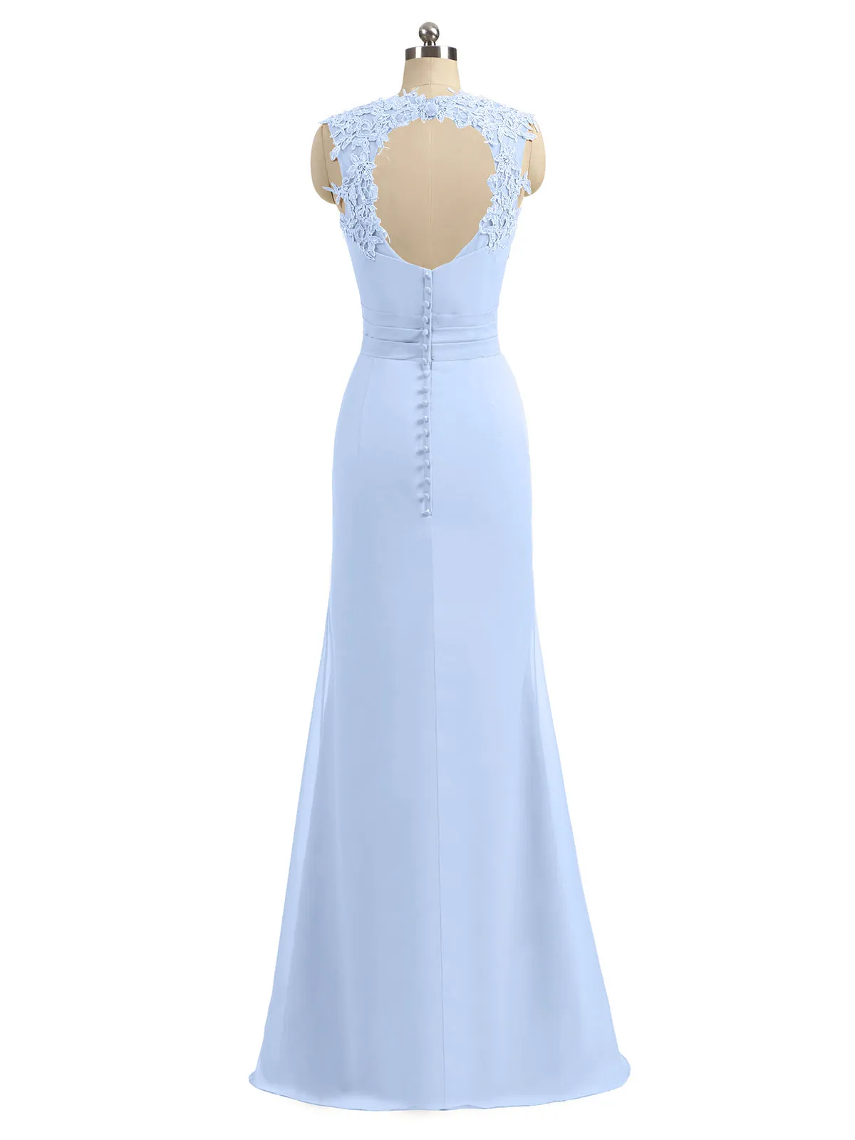 Lace Appliqued Strap Sheath Open Back Dress Sky Blue