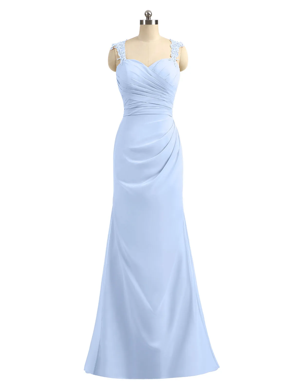 Lace Appliqued Strap Sheath Open Back Dress Sky Blue