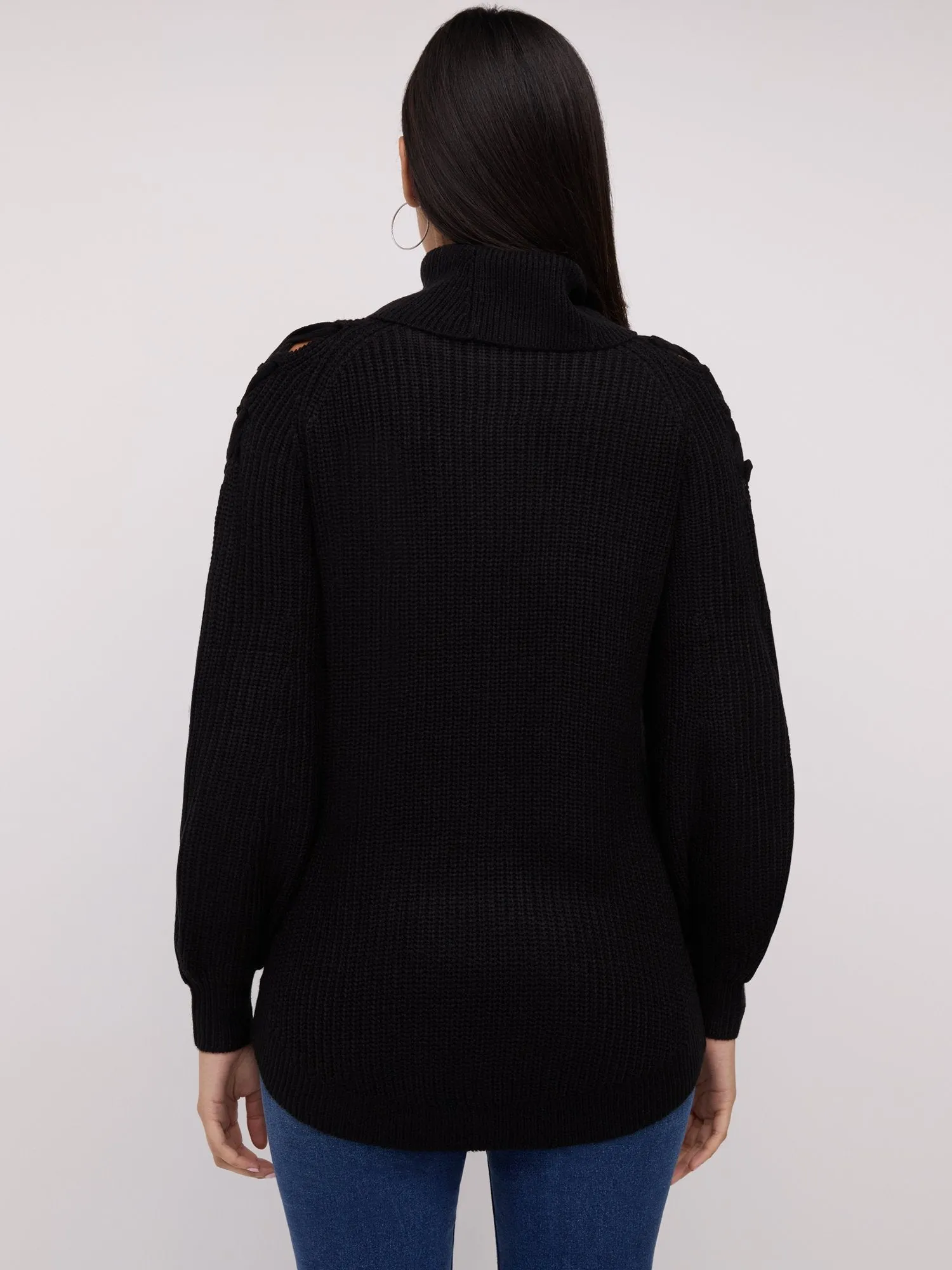 Lattice-Shoulder Turtleneck Tunic Sweater