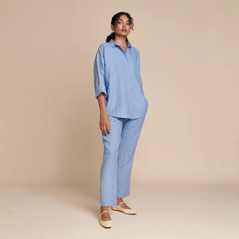 Linen Pleated Pants for Women | Blue