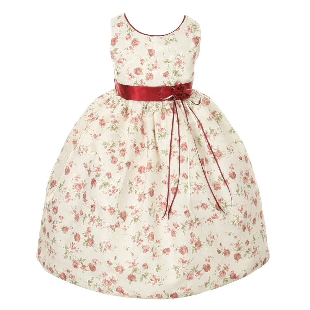 Little Girls Burgundy Jacquard Floral Printed Satin Sash Easter Dress 2T-6