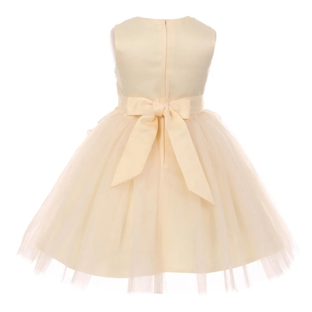 Little Girls Champagne 3D Floral Appliques Soft Tulle Flower Girl Dress 2-6