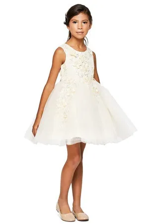 Little Girls Champagne 3D Floral Appliques Soft Tulle Flower Girl Dress 2-6