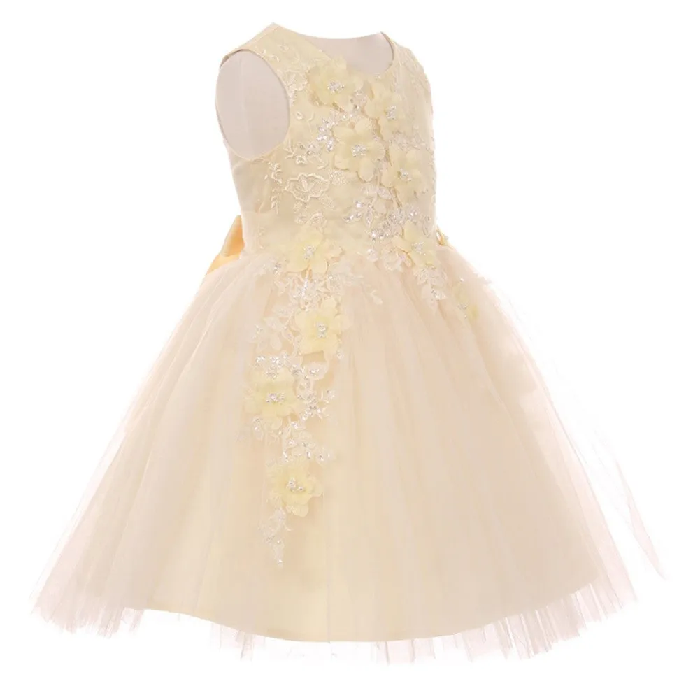 Little Girls Champagne 3D Floral Appliques Soft Tulle Flower Girl Dress 2-6