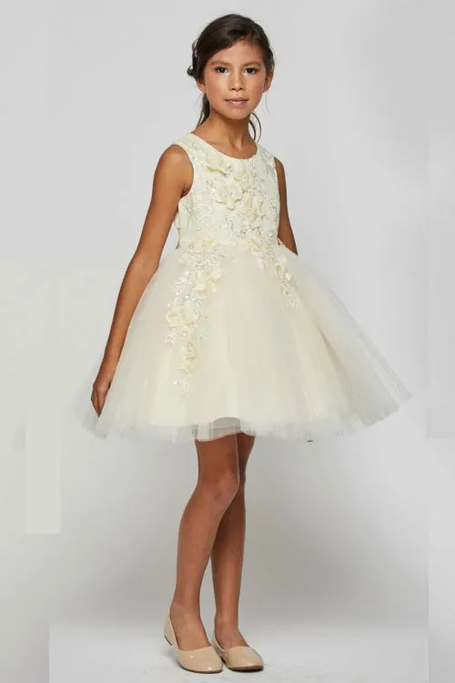 Little Girls Champagne 3D Floral Appliques Soft Tulle Flower Girl Dress 2-6