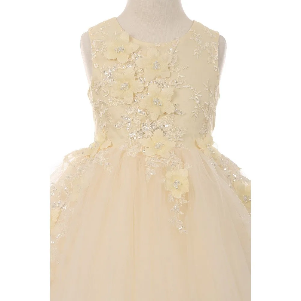 Little Girls Champagne 3D Floral Appliques Soft Tulle Flower Girl Dress 2-6