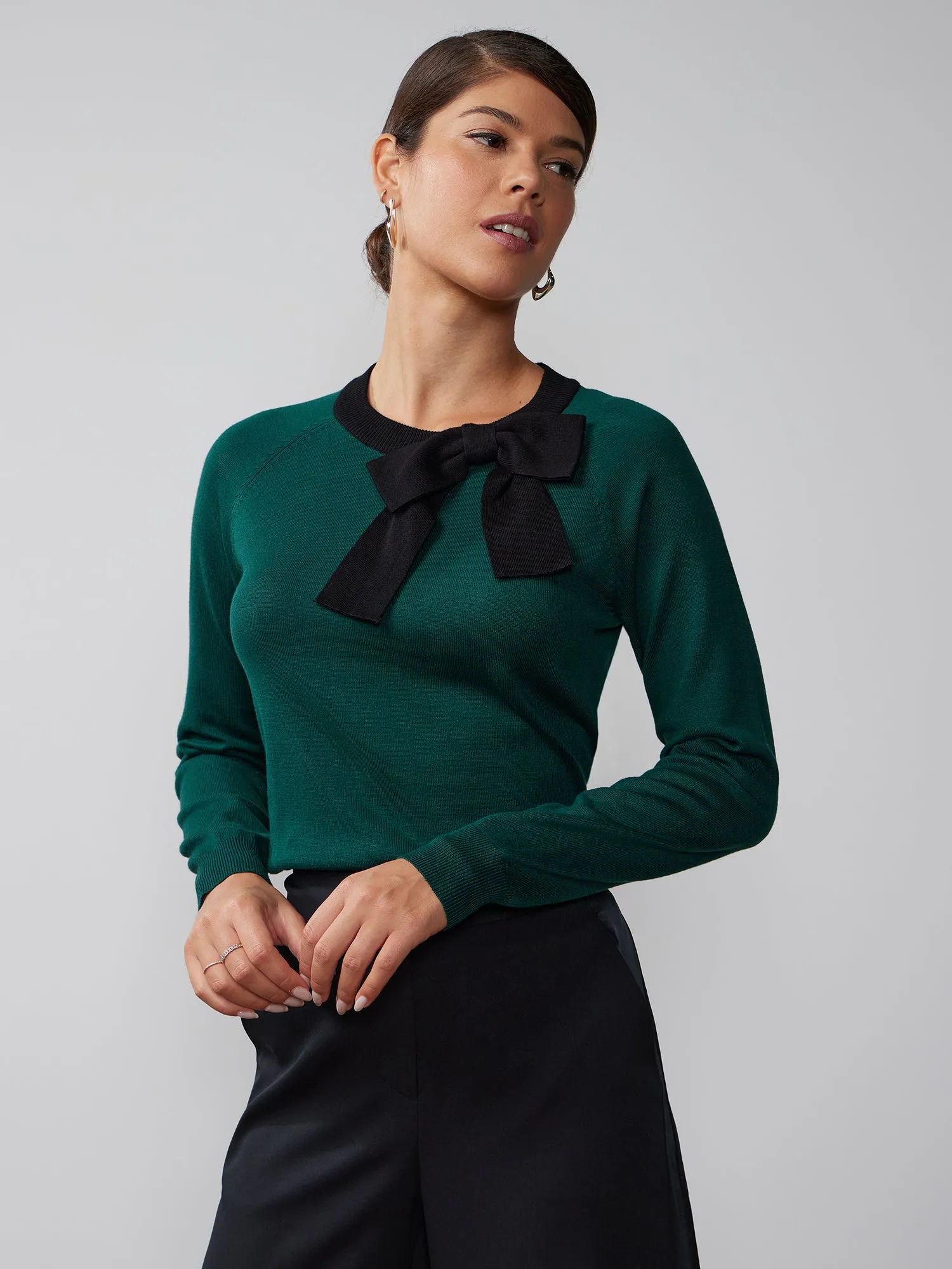 Long Sleeve Bow Contrast Sweater