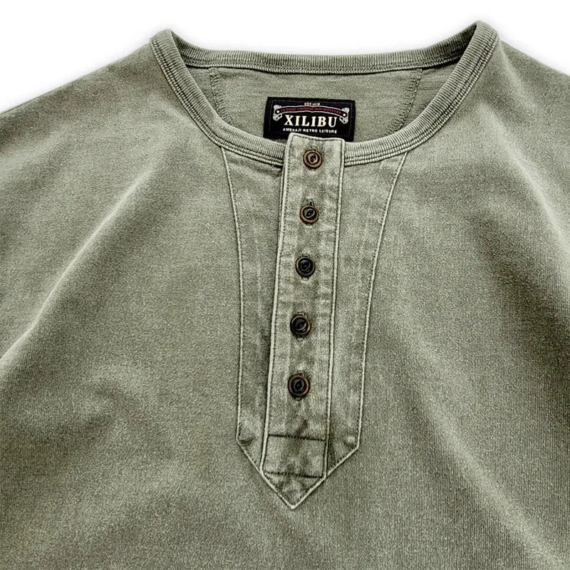 Men's Henley Collar T-shirt - Short Sleeves - Pure Cotton - Vintage Tees