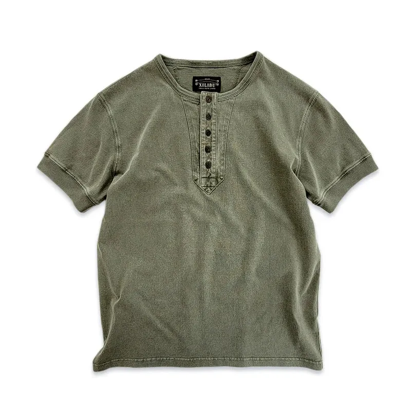 Men's Henley Collar T-shirt - Short Sleeves - Pure Cotton - Vintage Tees