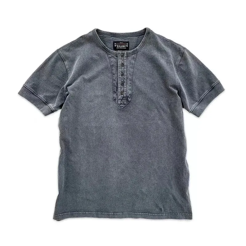 Men's Henley Collar T-shirt - Short Sleeves - Pure Cotton - Vintage Tees