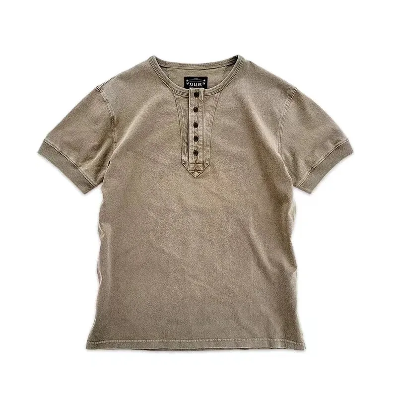 Men's Henley Collar T-shirt - Short Sleeves - Pure Cotton - Vintage Tees