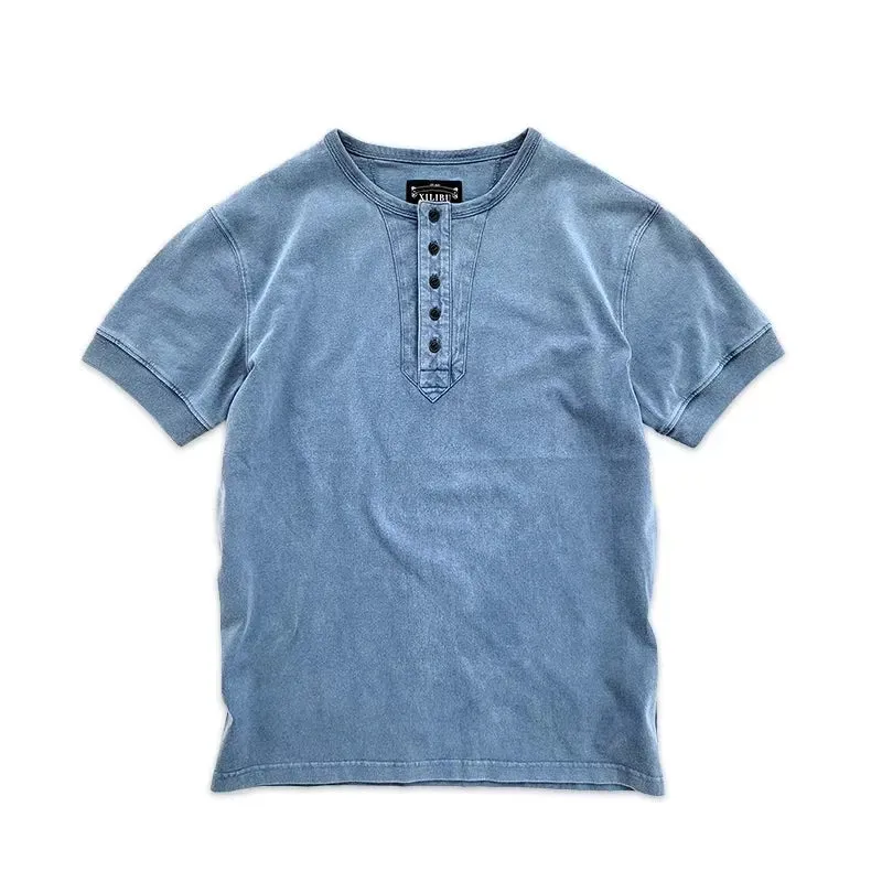 Men's Henley Collar T-shirt - Short Sleeves - Pure Cotton - Vintage Tees