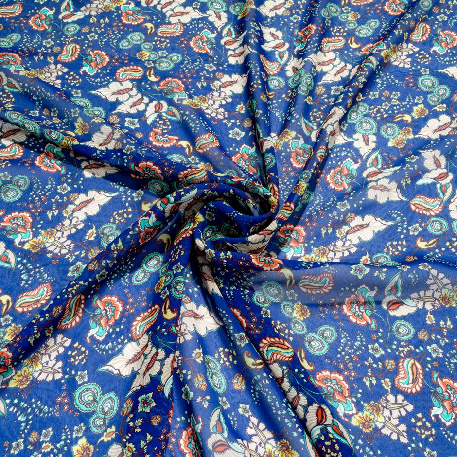 Multi Floral Printed Blue Pure Silk Georgette